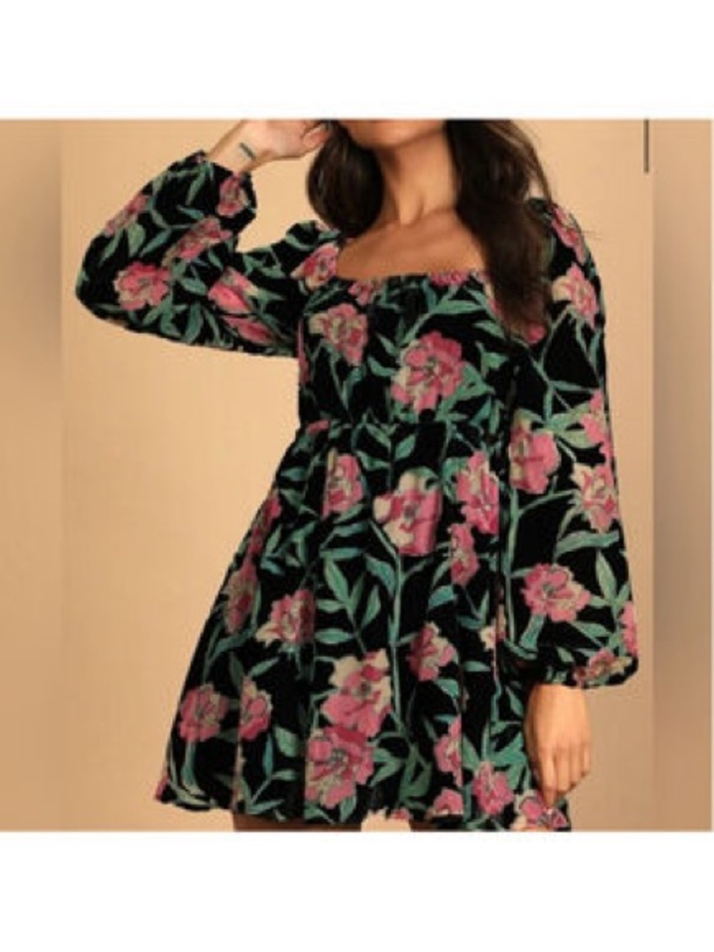Lulu's Black Floral Square-Neck Long Sleeve Mini Dress